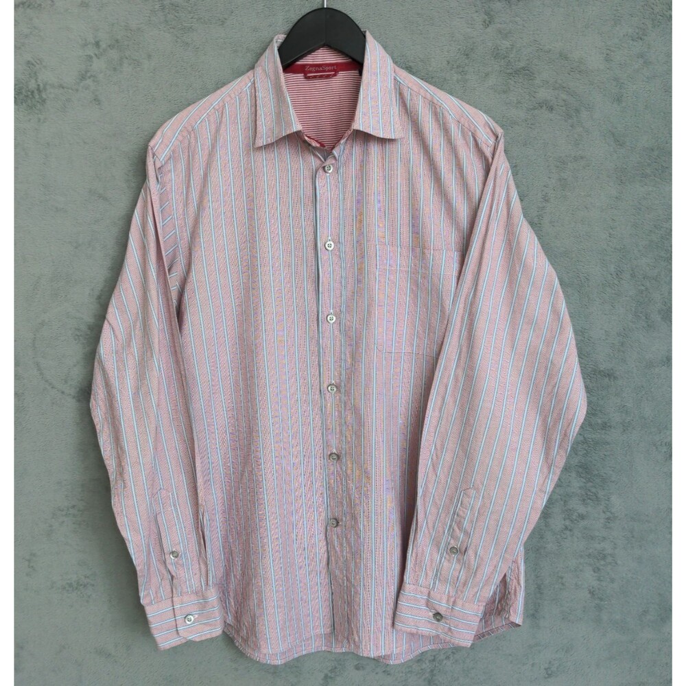 Ermenegildo Zegna Sport Shirt Mens Medium Pink/Red Stripe Long Sleeve Button Up